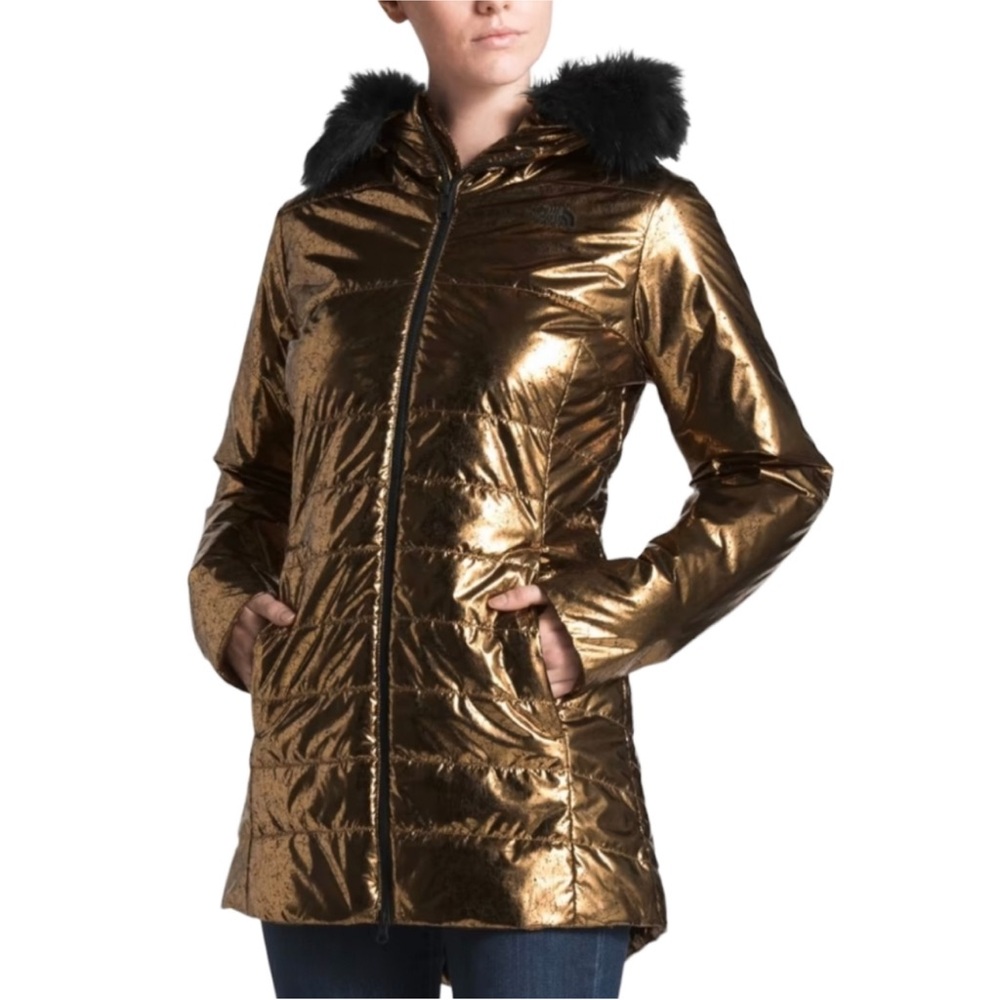 The North Face Puffer Jacket Womens Small Metallic Gold Black w Faux Fur